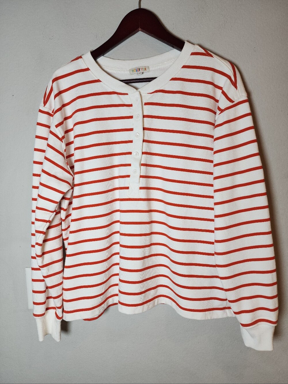 French Terry Henley Long Sleeve Shirt Orange White Stripe Cotton XL Molly Yeh